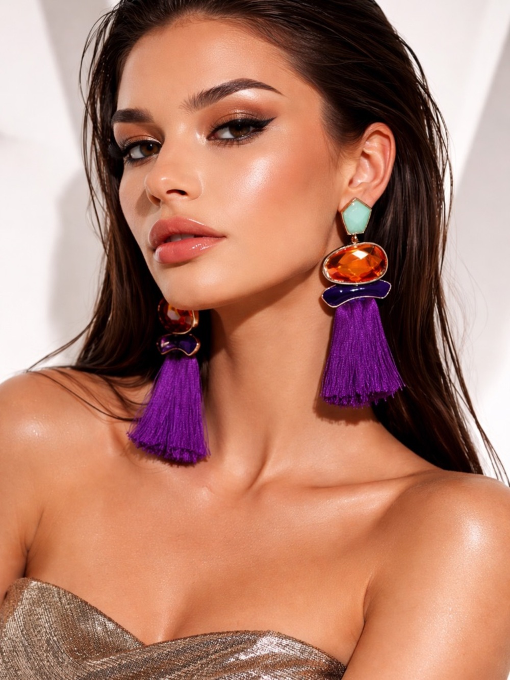 Bold Luxe Statement Tassel Earrings with Amber Crystal & Purple Fringe